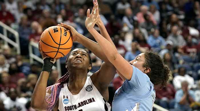 South Carolina forward Aliyah Boston (4) shoots against North Carolina forward Alexandra Zelaya (0) during the second half of a college basketball game in the Sweet 16 round of the NCAA women’s tournament in Greensboro, N.C.